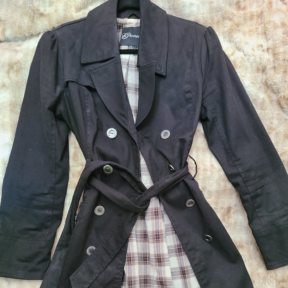 Guess trench coat in black, women's size L.